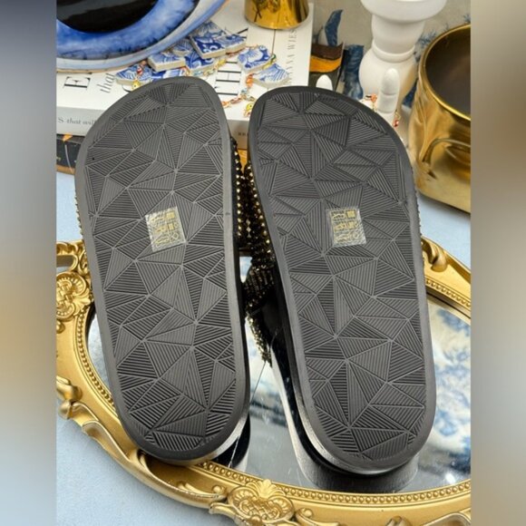 🆕 KURT GEIGER LONDON 🧿 NWOB Meena Eagle Black & Gold Studded Slide, Sz 6.5 - Picture 12 of 13